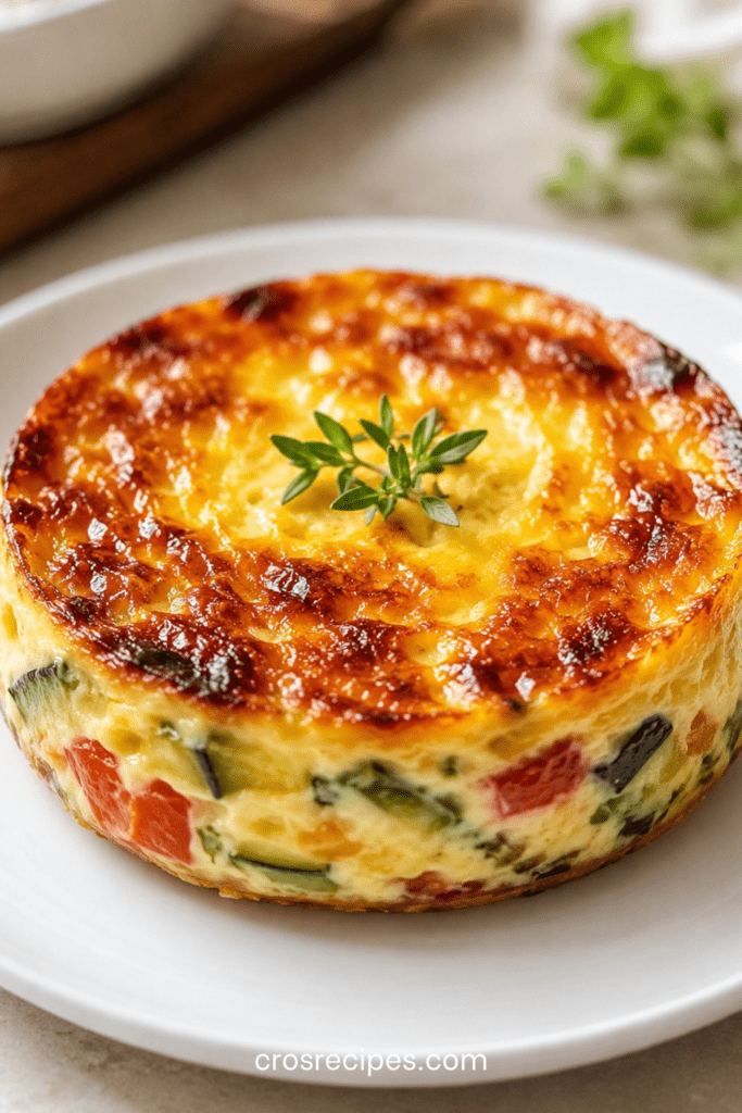 Flan provençal salé aux courgettes, poivrons rouges, tomates et herbes de Provence, servi tiède avec basilic frais et salade verte