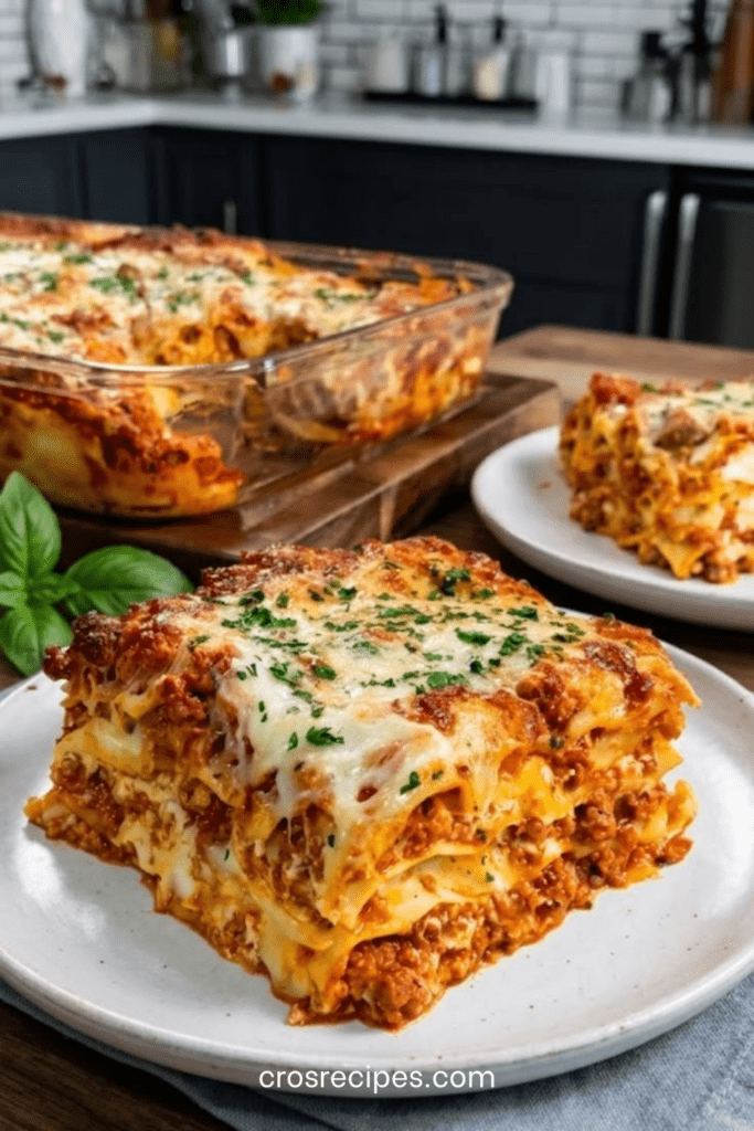 Lasagnes à la bolognaise fondantes dans un plat gratiné, avec sauce tomate à la viande, béchamel crémeuse, mozzarella et parmesan dorés