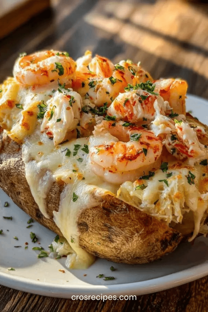 Pommes de terre farcies aux crevettes crémeuses, fromage fondu, ail, paprika et persil frais, servies chaudes dans une assiette gourmande