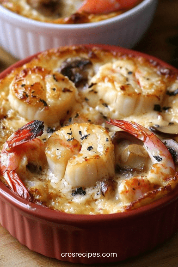 Cassolettes de fruits de mer crémeuses gratinées au four, garnies de crevettes, noix de Saint-Jacques, champignons et persil frais