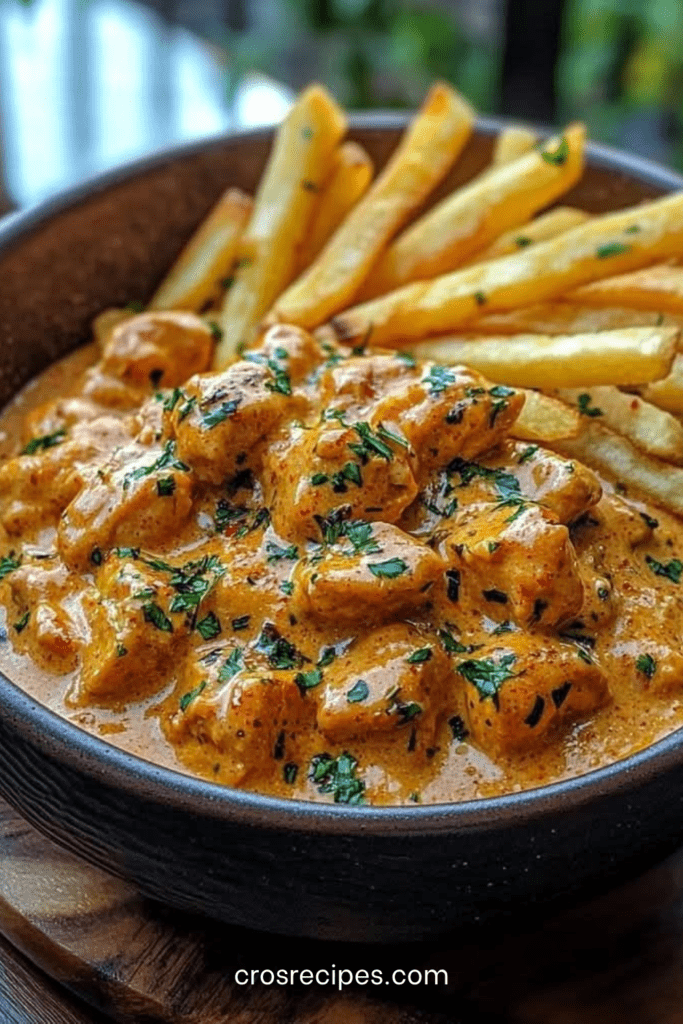 Poulet au beurre crémeux servi avec des frites dorées, sauce tomate épicée, filet d’ail au persil et herbes fraîches