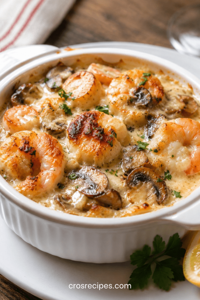 Cassolettes gratinées de noix de Saint-Jacques, crevettes et champignons, nappées de crème, fromage râpé, chapelure et persil frais.