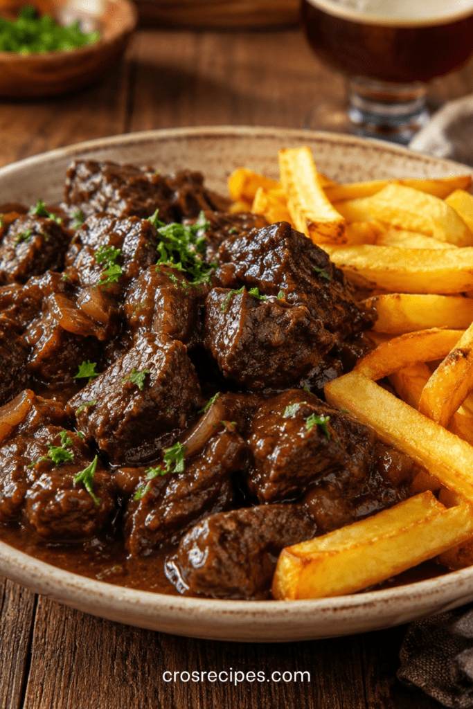 Carbonade flamande servie avec des frites maison croustillantes, morceaux de bœuf fondants dans une sauce brune brillante à la bière et aux oignons.