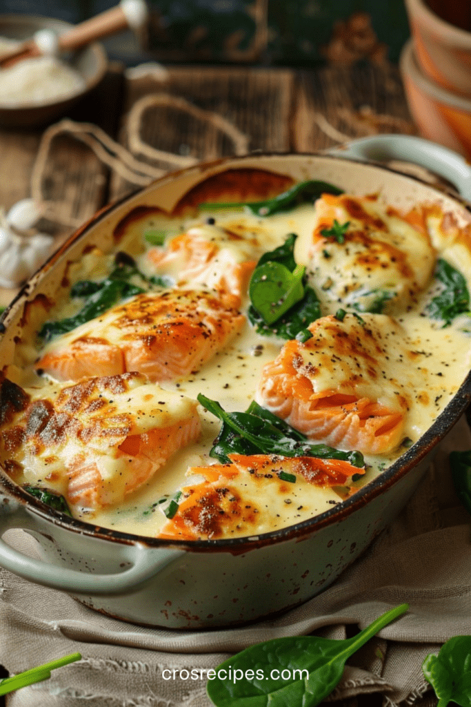 Gratin léger de saumon et épinards dans un plat doré au four, avec morceaux de saumon fondants, épinards verts et sauce crémeuse au yaourt.