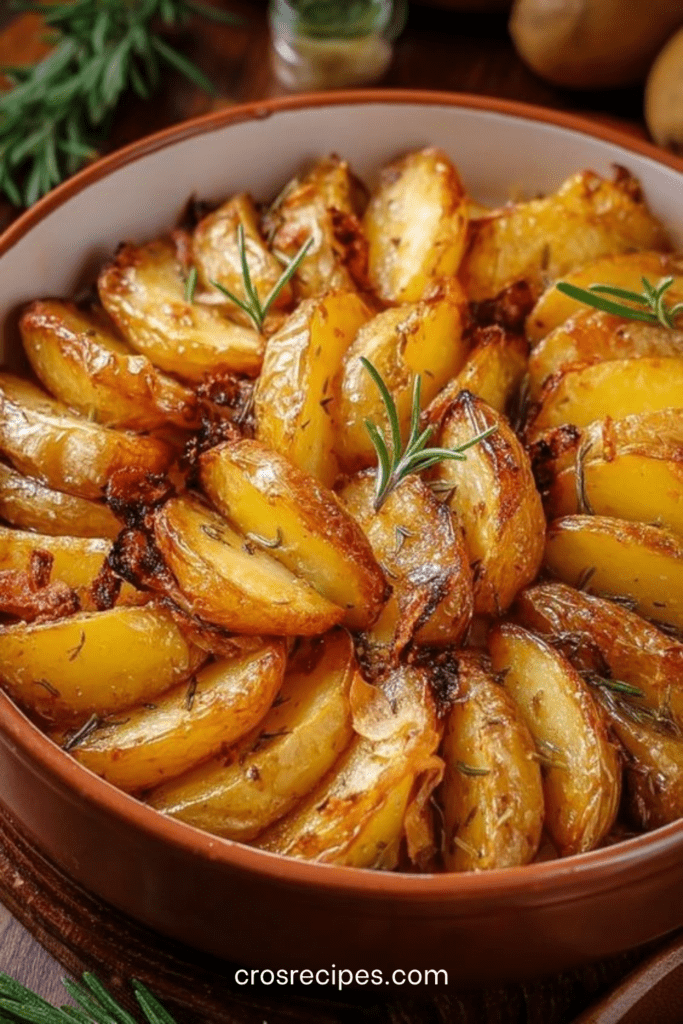 Pommes de terre rôties au romarin, dorées et croustillantes, assaisonnées avec huile d’olive, ail, herbes de Provence et paprika.