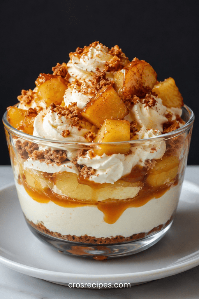 Verrines de tiramisu aux pommes poêlées, crème mascarpone, spéculoos émiettés et caramel beurre salé coulant en couches gourmandes.