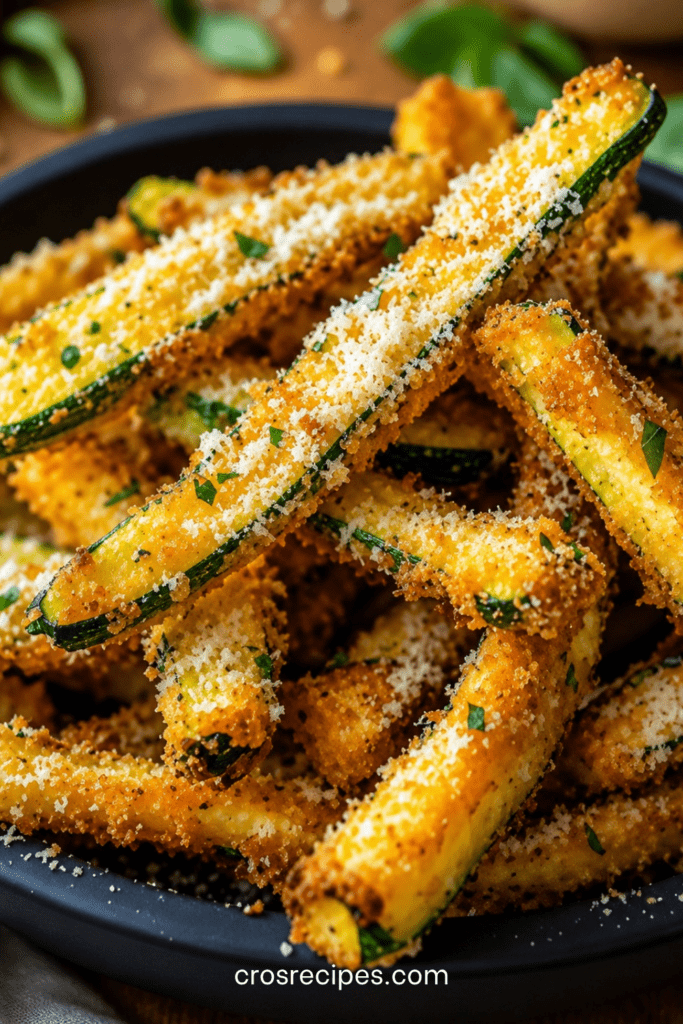 Frites de courgettes croustillantes au parmesan, dorées au four avec chapelure, herbes de Provence, persil frais et sauce maison.