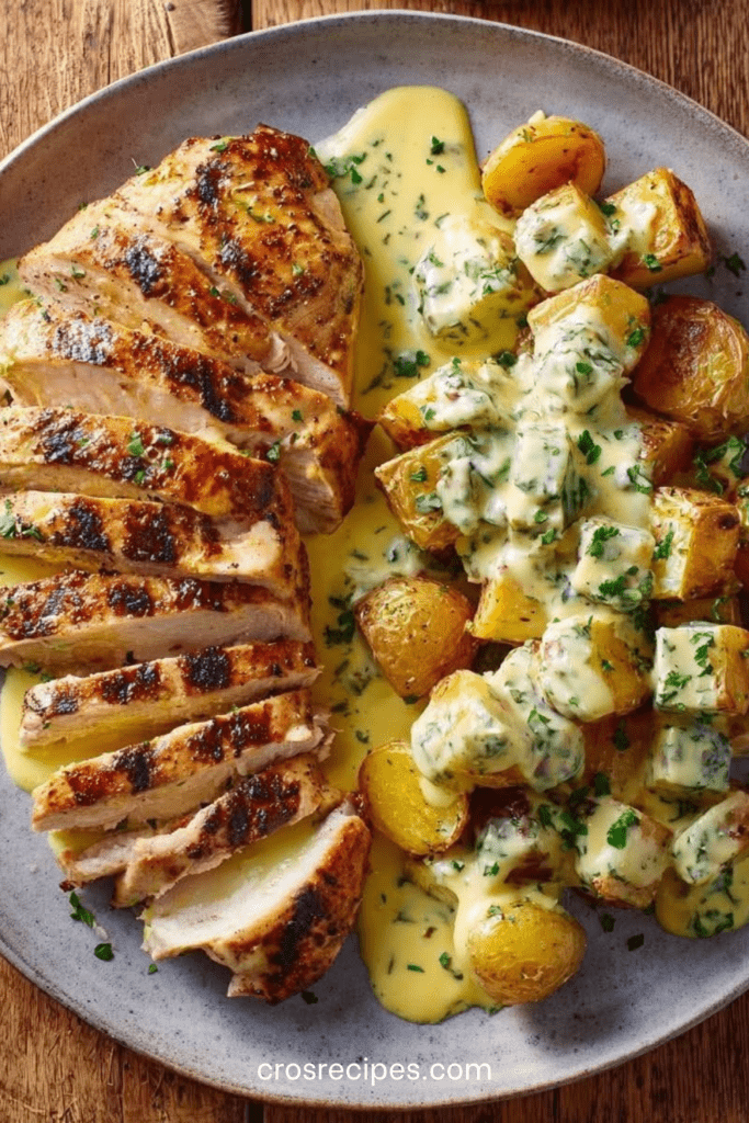 Blancs de poulet grillés coupés en tranches, servis avec des pommes de terre dorées et une sauce crémeuse aux herbes fraîches.