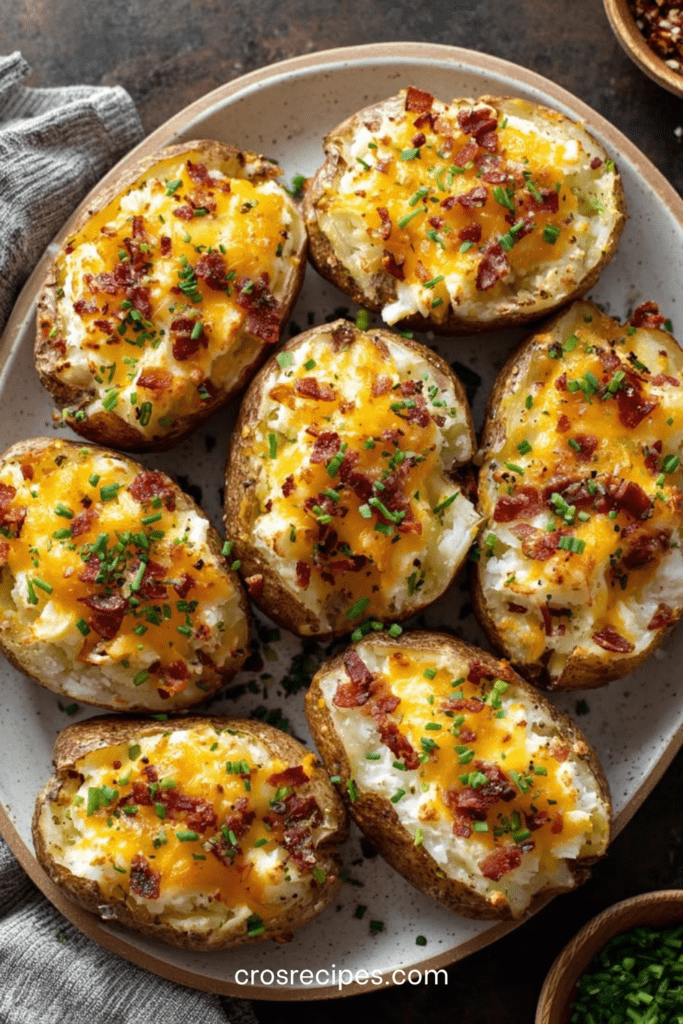 Pommes de terre farcies au fromage fondu et bacon croustillant, gratinées au four, garnies de crème fraîche et ciboulette.