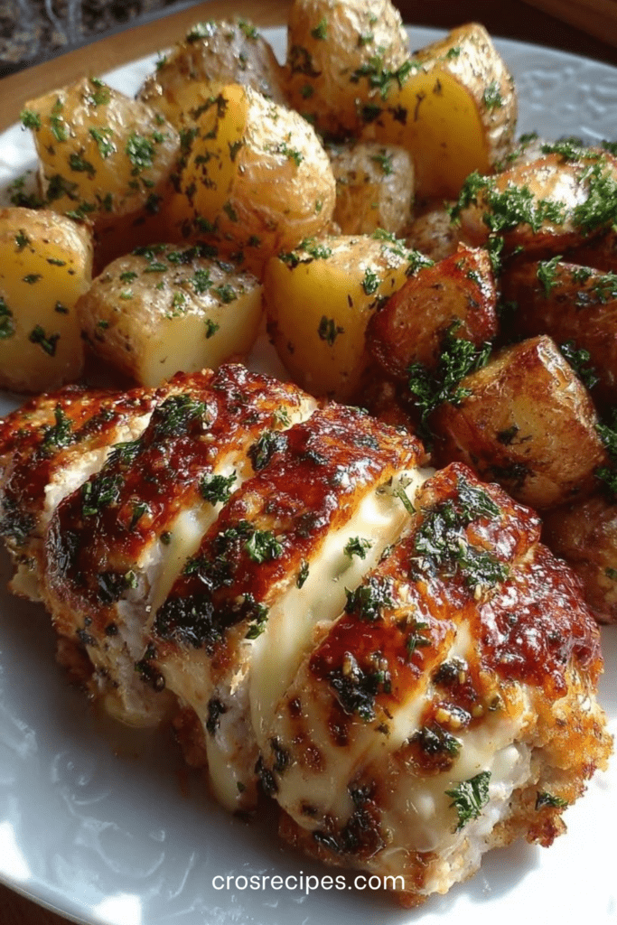 Filets de poulet rôti dorés au four avec fromage fondu, servis avec des pommes de terre rôties à l’ail, herbes de Provence et persil frais.