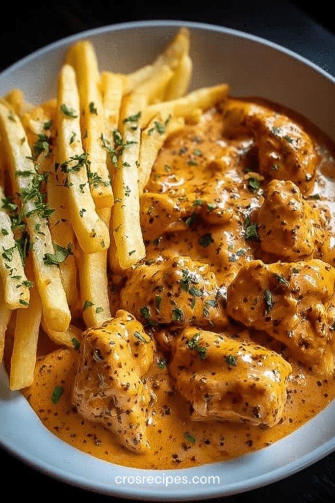 Morceaux de poulet mijotés dans une sauce butter chicken crémeuse à la tomate et aux épices, servis avec des frites maison dorées.