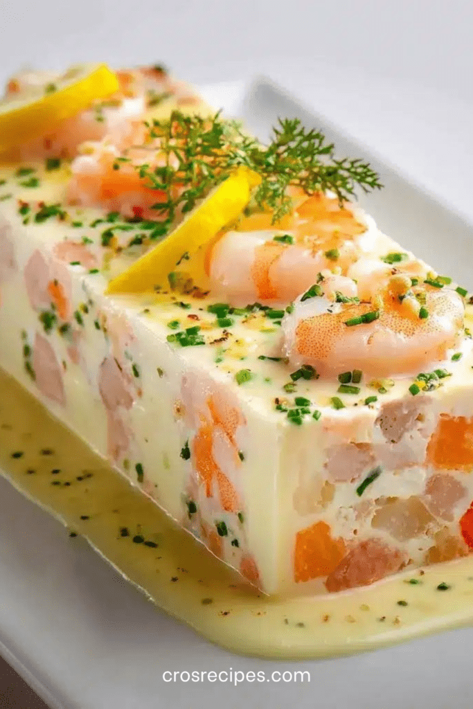 Terrine de poisson blanc et crevettes servie en tranches avec sauce citronnée, ciboulette fraîche, quartiers de citron et crevettes entières.