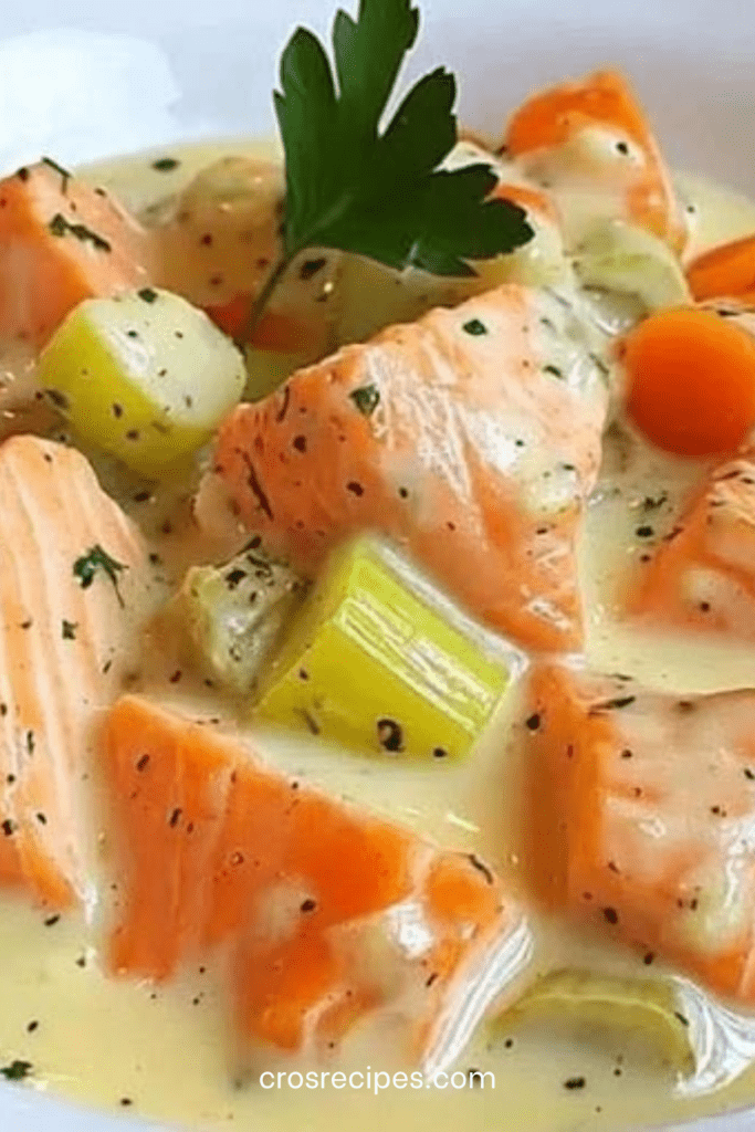 Blanquette de saumon crémeuse avec poireaux, carottes, sauce blanche citronnée et persil frais, servie chaude dans une assiette.