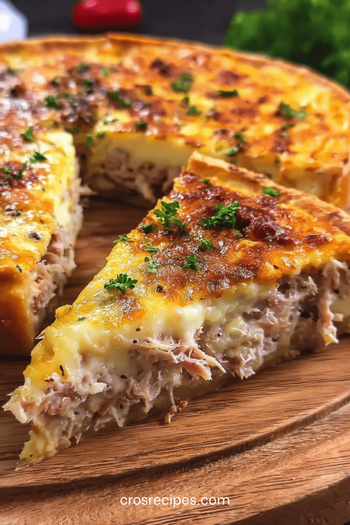 Quiche au thon crémeuse et dorée, garnie de thon émietté, fromage râpé, persil frais et pâte brisée croustillante.