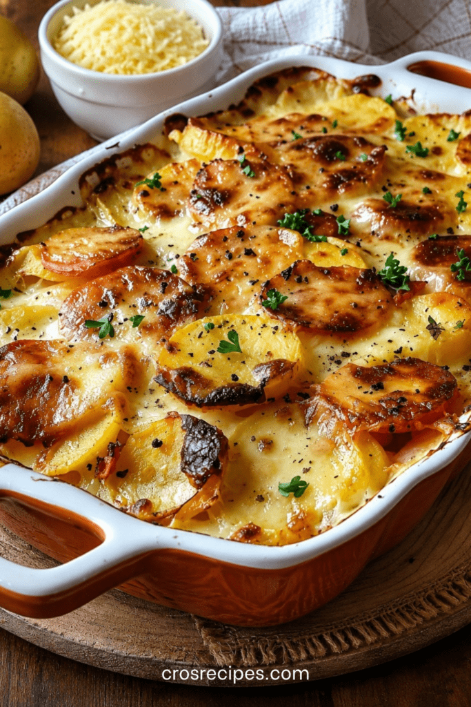 Gratin de pommes de terre au chorizo, tomates en dés, béchamel crémeuse et gruyère râpé doré dans un plat familial servi chaud.