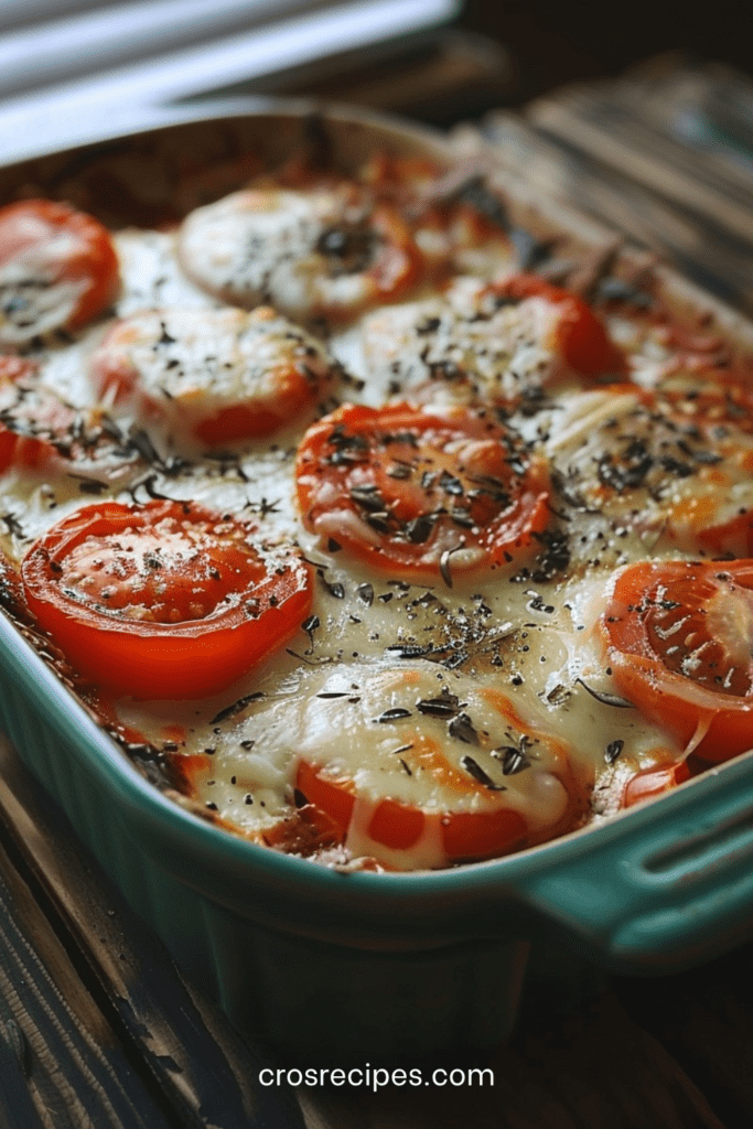 Gratin léger de tomates mûres avec mozzarella allégée fondue, oignon, ail et herbes de Provence dans un plat doré au four.