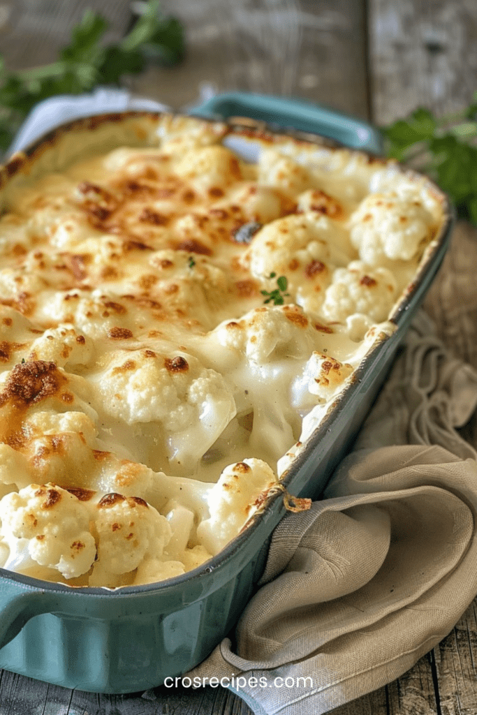 Gratin de chou-fleur léger avec sauce crémeuse sans beurre, fromage râpé doré, muscade et chou-fleur fondant dans un plat au four.