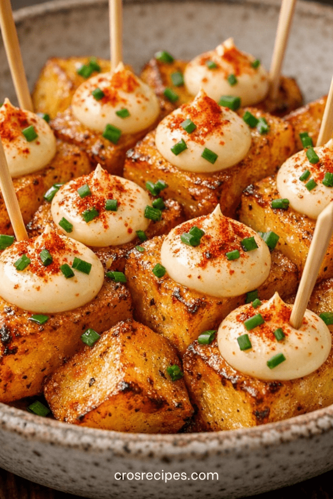 Bouchées de pommes de terre dorées au four avec paprika fumé, aïoli léger au citron, ail râpé et ciboulette fraîche ciselée.