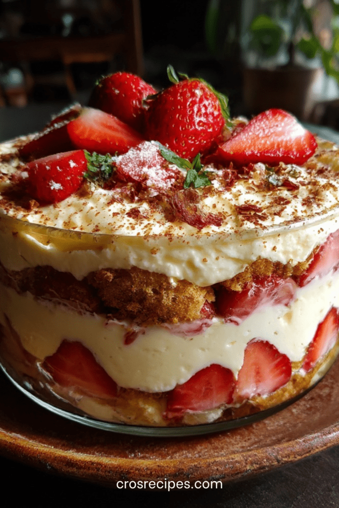 Tiramisu aux fraises maison avec crème mascarpone onctueuse, biscuits à la cuillère imbibés de jus de fraises et décoration de menthe fraîche.