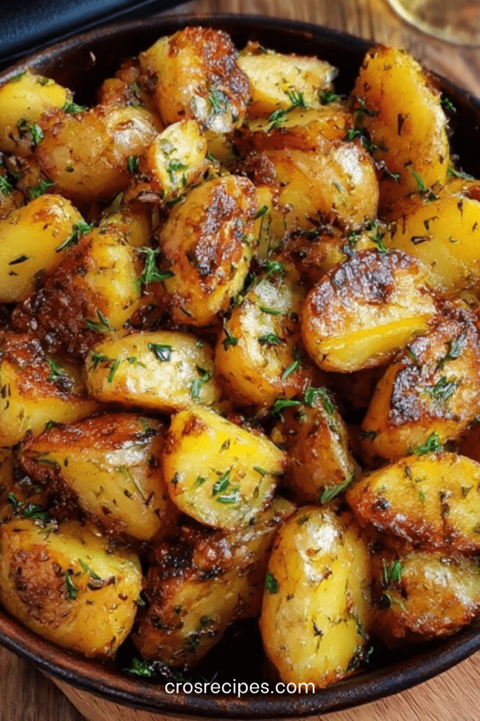 Pommes de terre grenailles dorées au four, marinées à l’huile d’olive, ail, thym, romarin et persil frais, servies bien croustillantes.
