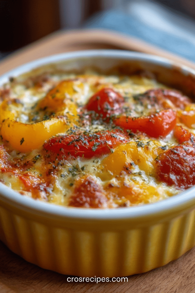 Œufs cocotte aux poivrons rouges et jaunes, crème fraîche, fromage râpé fondu et herbes fraîches servis dans des ramequins.