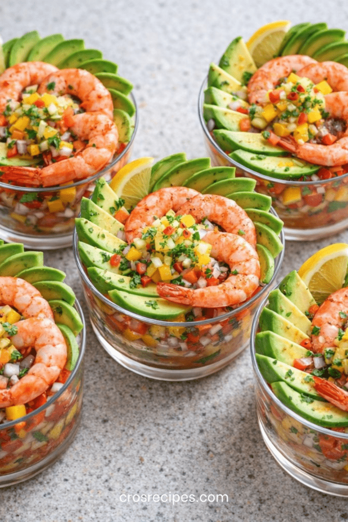 Coupes apéritives transparentes garnies de crevettes, avocat en dés, salsa de tomate, concombre, citron vert et coriandre fraîche.
