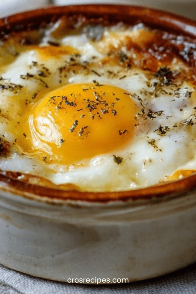 Œufs cocotte à la crème fraîche servis dans des ramequins, avec fromage râpé fondu, poivre noir et jaune d’œuf coulant.