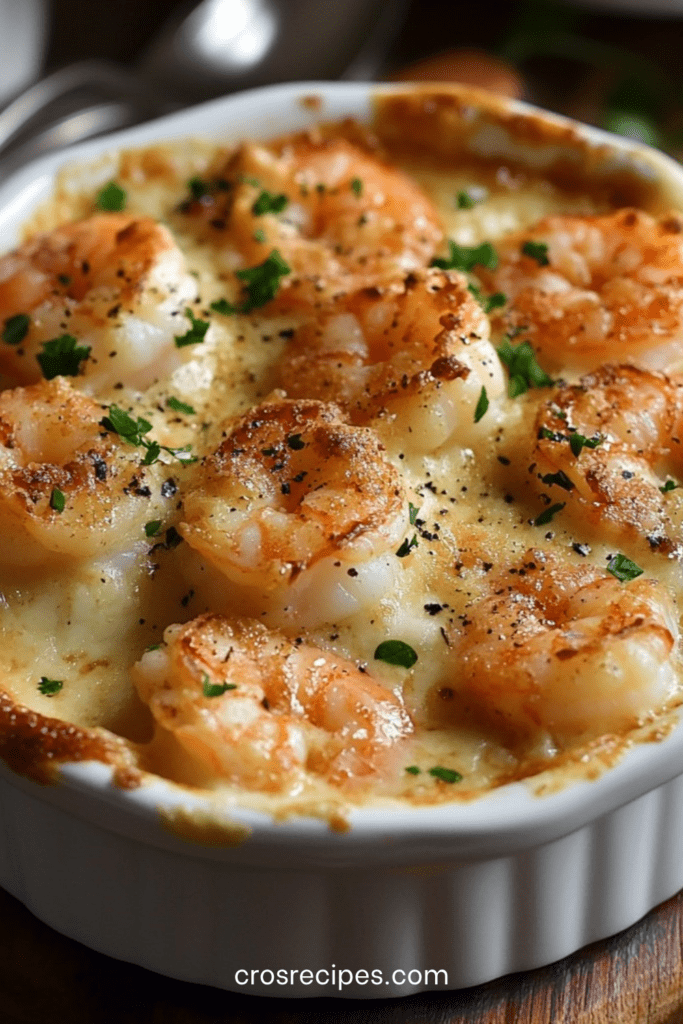 Gratin de crevettes crémeux au four servi dans un plat doré, avec une sauce onctueuse, du fromage gratiné et du persil frais.
