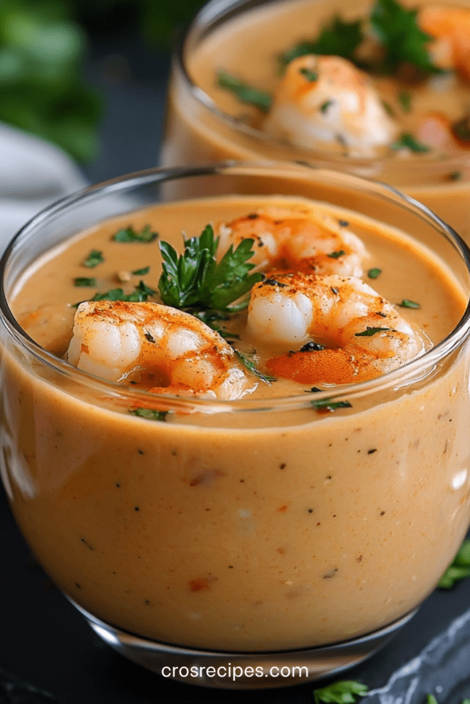 Verrines de bisque de crevettes mousseuse servies dans de petits verres transparents, décorées de crevettes, ciboulette et mousse crémeuse.