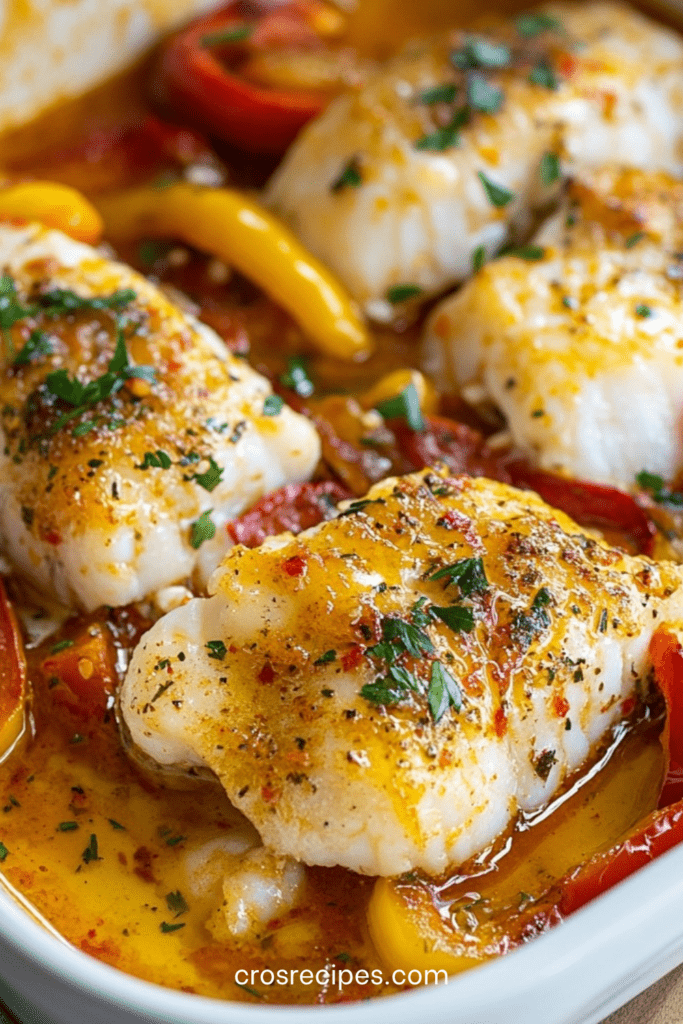 Filets de cabillaud au four sur un lit de poivrons rouges et jaunes fondants, avec oignon, ail, citron et persil frais.