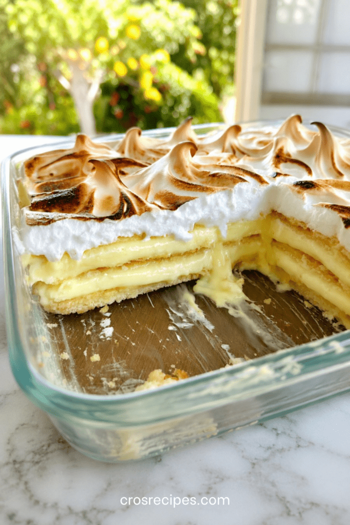 Gâteau frais citron meringué sans cuisson présenté en parts généreuses, avec couches de biscuits fondants, crème au citron et meringue dorée.