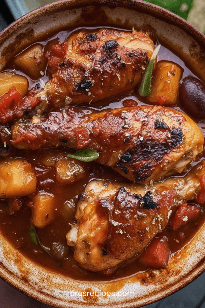 Pilons de poulet à la bière mijotés dans une cocotte avec pommes de terre, tomates, poivron rouge, olives noires et sauce parfumée.