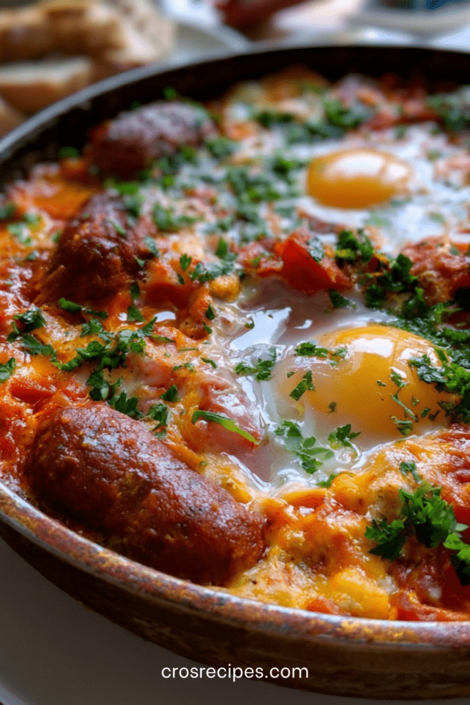 Chakchouka aux merguez et œufs coulants servie dans une poêle, avec sauce tomate épicée, poivron rouge et herbes fraîches.