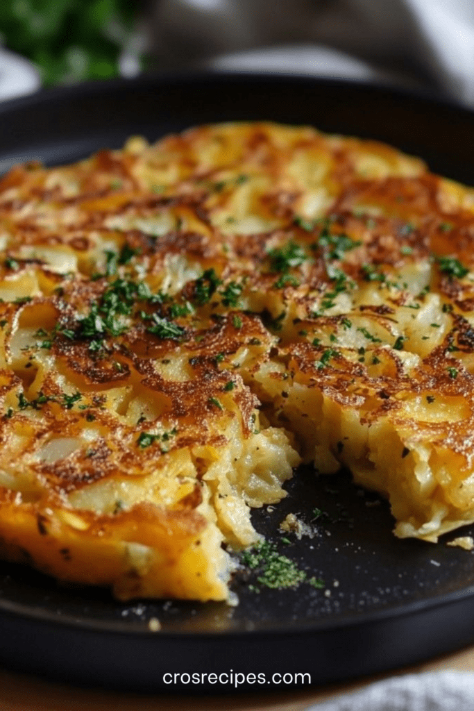 Omelette espagnole tortilla de patatas dorée et épaisse, coupée en parts, avec pommes de terre fondantes, œufs moelleux et salade verte.