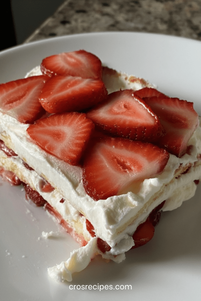Gâteau fraises et crème façon tiramisu présenté en parts, avec biscuits imbibés, crème mascarpone légère et fraises fraîches en décoration.