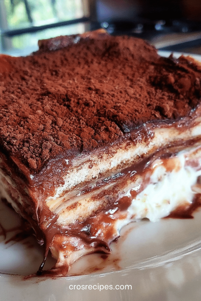 Gâteau familial façon tiramisu chocolat servi dans un grand plat, avec couches de biscuits fondants, crème mascarpone, ganache brillante et cacao amer.