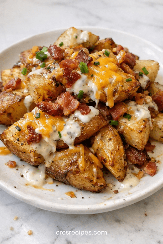 Pommes de terre rôties au cheddar fondu, bacon croustillant et sauce ranch avec ciboulette fraîche servies chaudes