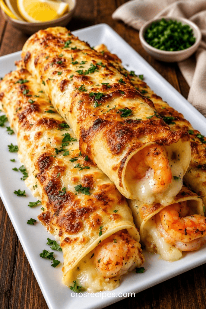 Cannelloni gratinés aux crevettes avec sauce crémeuse à l’ail et fromage fondu doré servis dans un plat chaud