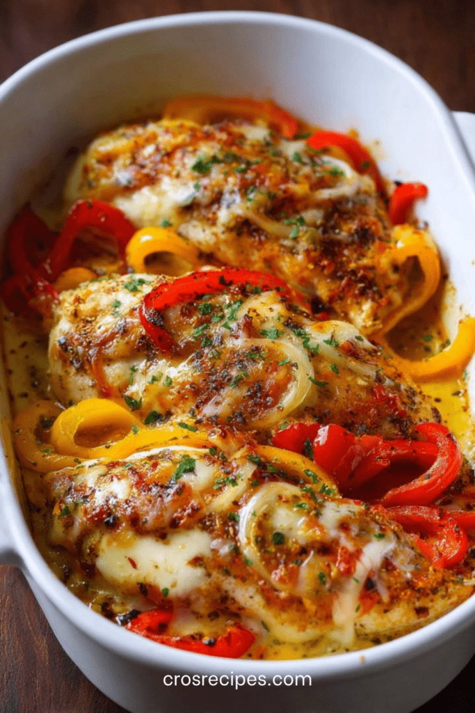 Poulet gratiné au fromage avec poivrons rouges et jaunes fondants dans une sauce crémeuse servi chaud au four