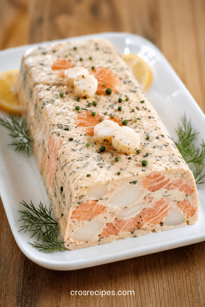 Terrine de saumon et noix de Saint-Jacques tranchée, servie froide avec sauce citronnée et herbes fraîches