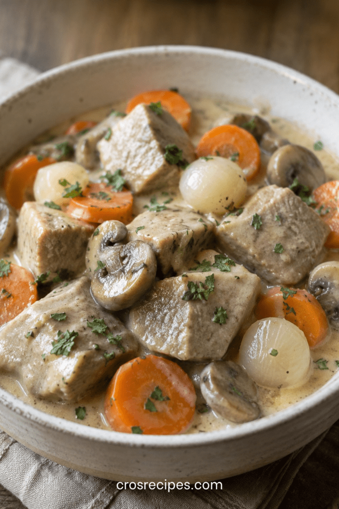 Blanquette de veau crémeuse avec carottes et champignons servie dans une assiette chaude accompagnée de riz