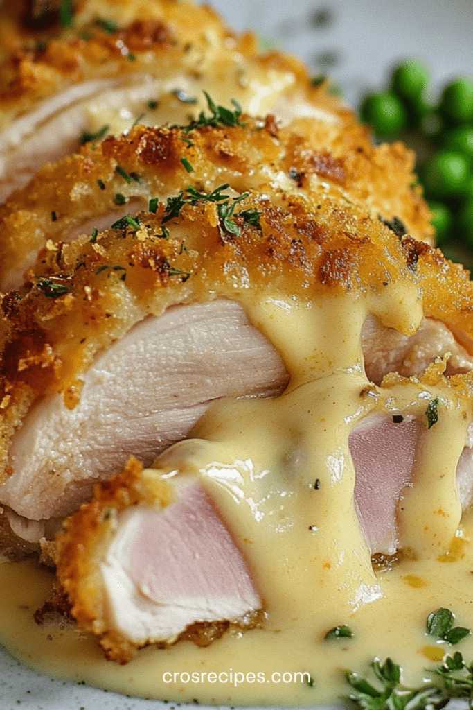 Cordon bleu de poulet doré et croustillant coupé en deux avec fromage fondu coulant et sauce crémeuse au fromage