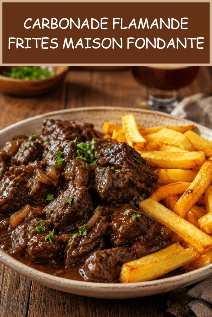 Carbonade flamande servie avec des frites maison croustillantes, morceaux de bœuf fondants dans une sauce brune brillante à la bière et aux oignons.