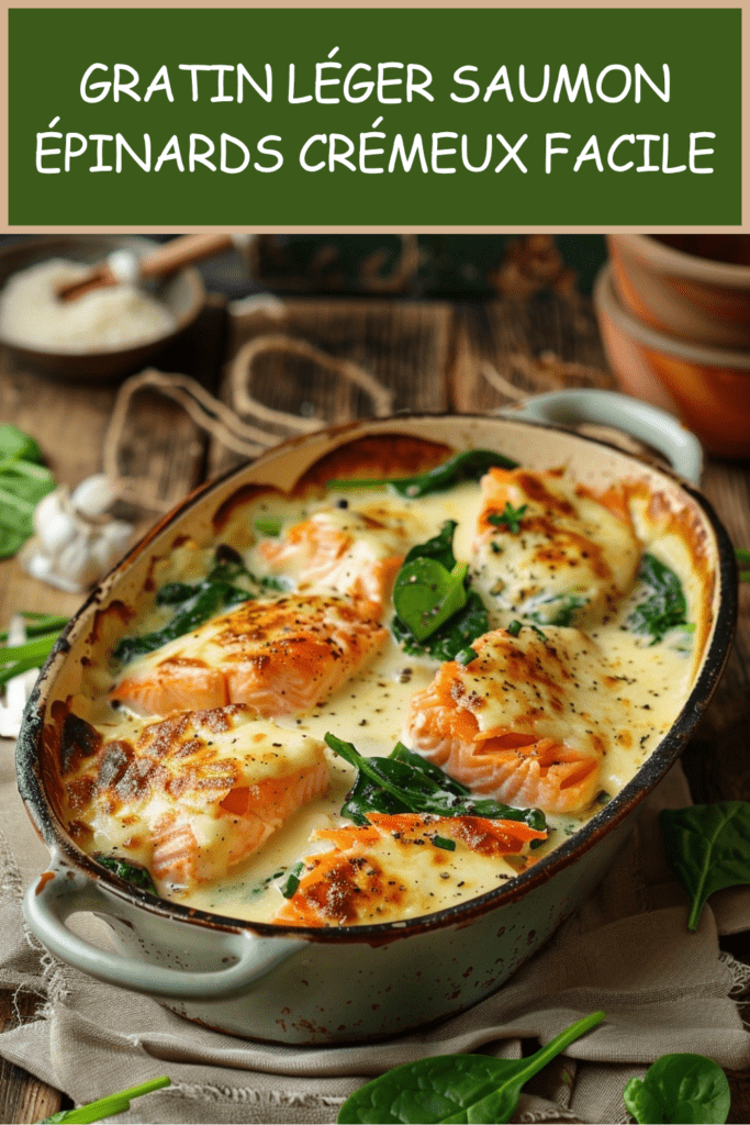 Gratin léger de saumon et épinards dans un plat doré au four, avec morceaux de saumon fondants, épinards verts et sauce crémeuse au yaourt.