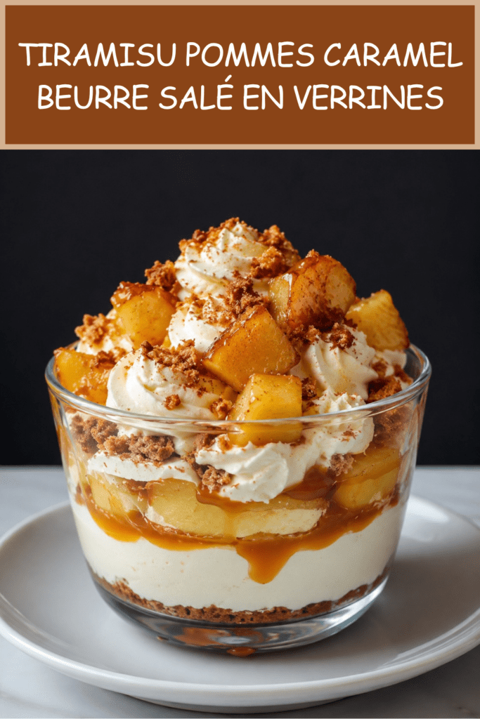Verrines de tiramisu aux pommes poêlées, crème mascarpone, spéculoos émiettés et caramel beurre salé coulant en couches gourmandes.