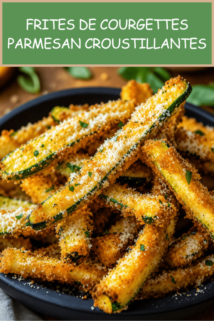 Frites de courgettes croustillantes au parmesan, dorées au four avec chapelure, herbes de Provence, persil frais et sauce maison.