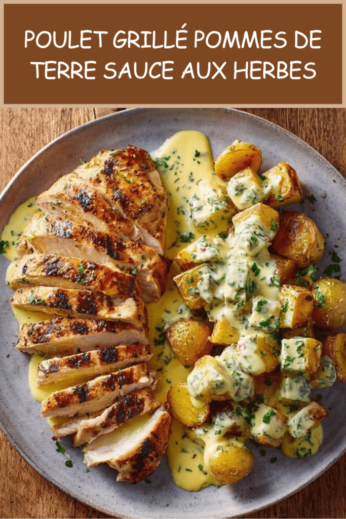 Blancs de poulet grillés coupés en tranches, servis avec des pommes de terre dorées et une sauce crémeuse aux herbes fraîches.