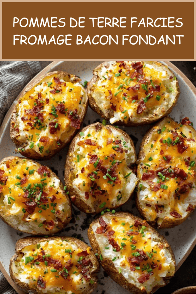 Pommes de terre farcies au fromage fondu et bacon croustillant, gratinées au four, garnies de crème fraîche et ciboulette.