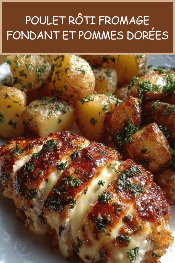 Filets de poulet rôti dorés au four avec fromage fondu, servis avec des pommes de terre rôties à l’ail, herbes de Provence et persil frais.