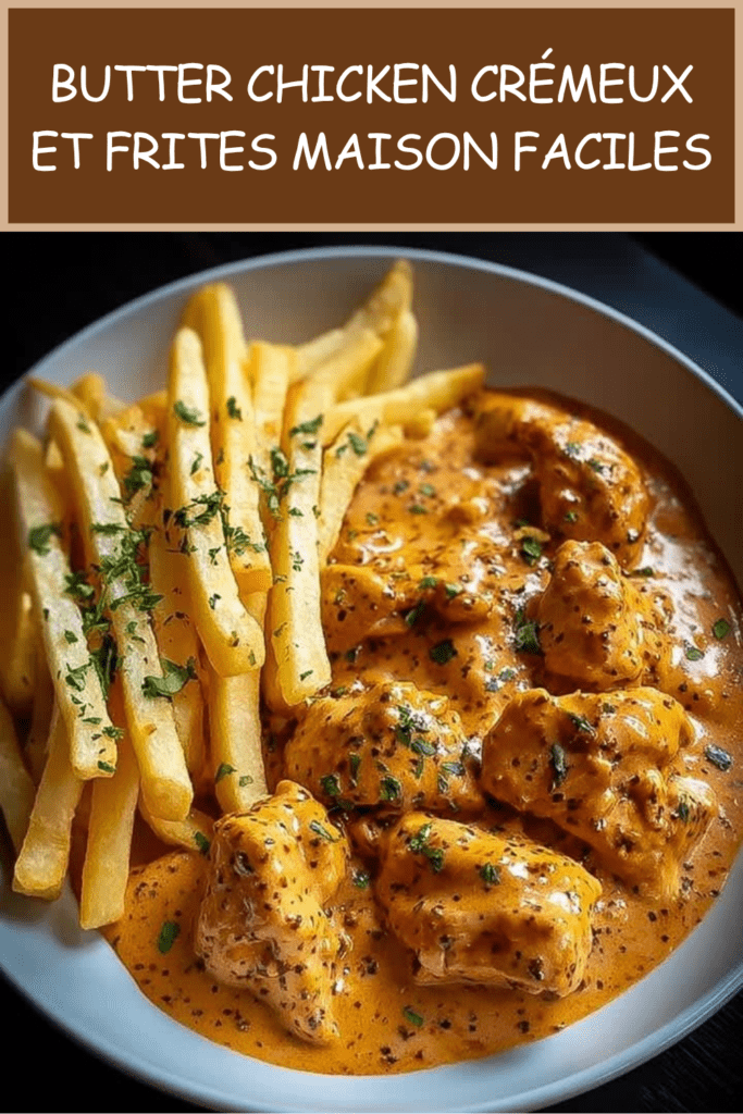 Morceaux de poulet mijotés dans une sauce butter chicken crémeuse à la tomate et aux épices, servis avec des frites maison dorées.
